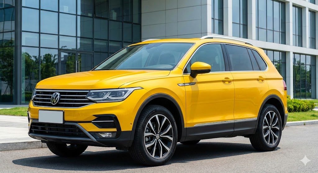 SUV Amarelo estacionado em frente a um prédio corporativo moderno